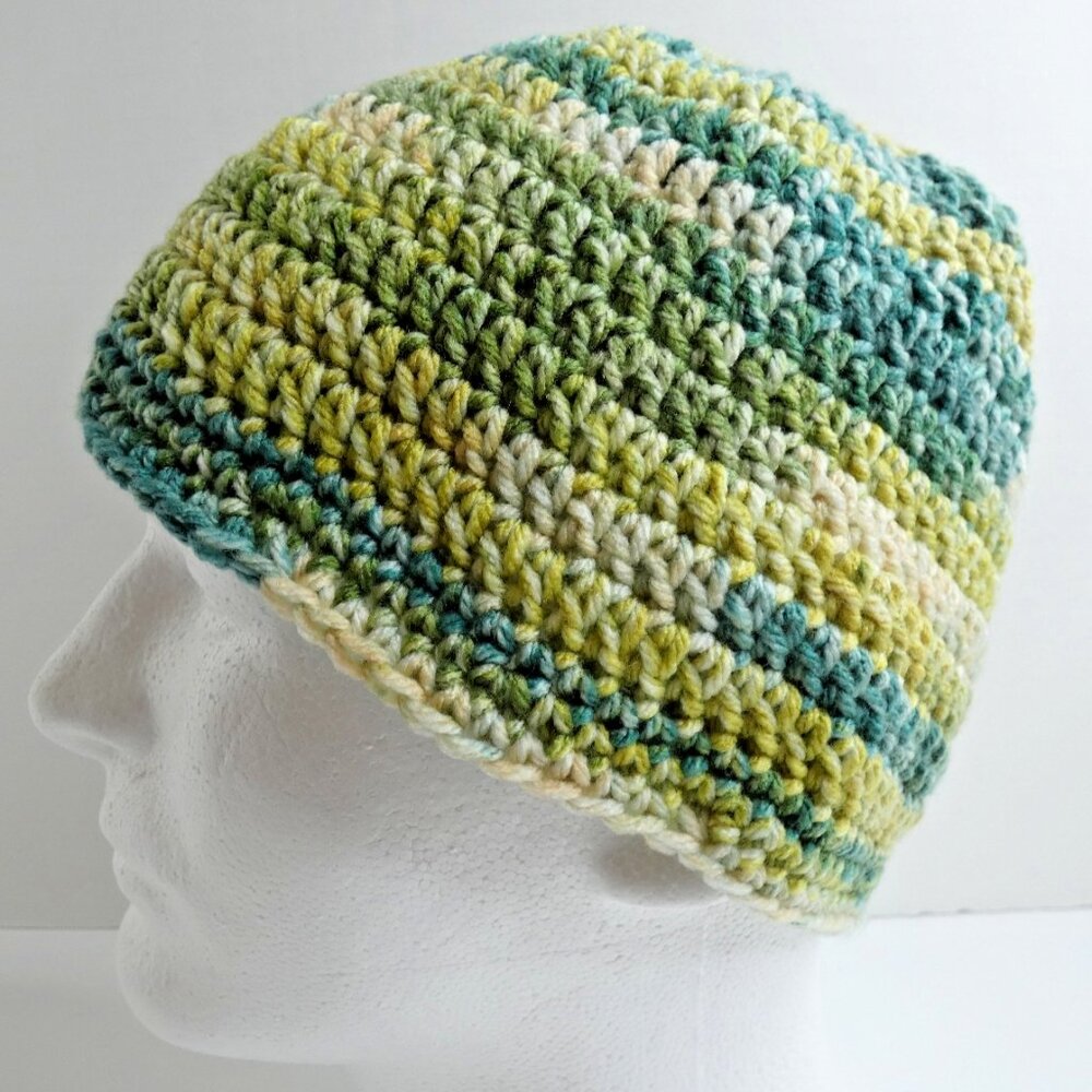 Green Stripe Beanie OS Spring Cap Warm Soft Hat Handmade Crochet Knit NWT